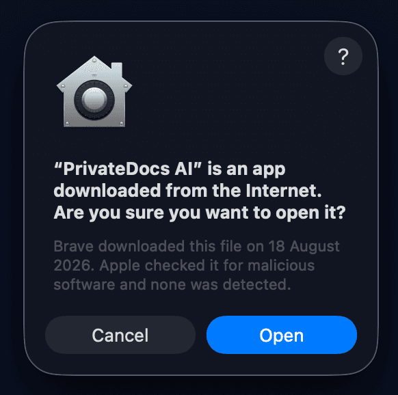macOS notarization confirmation — Apple checked it for malicious software and none was detected